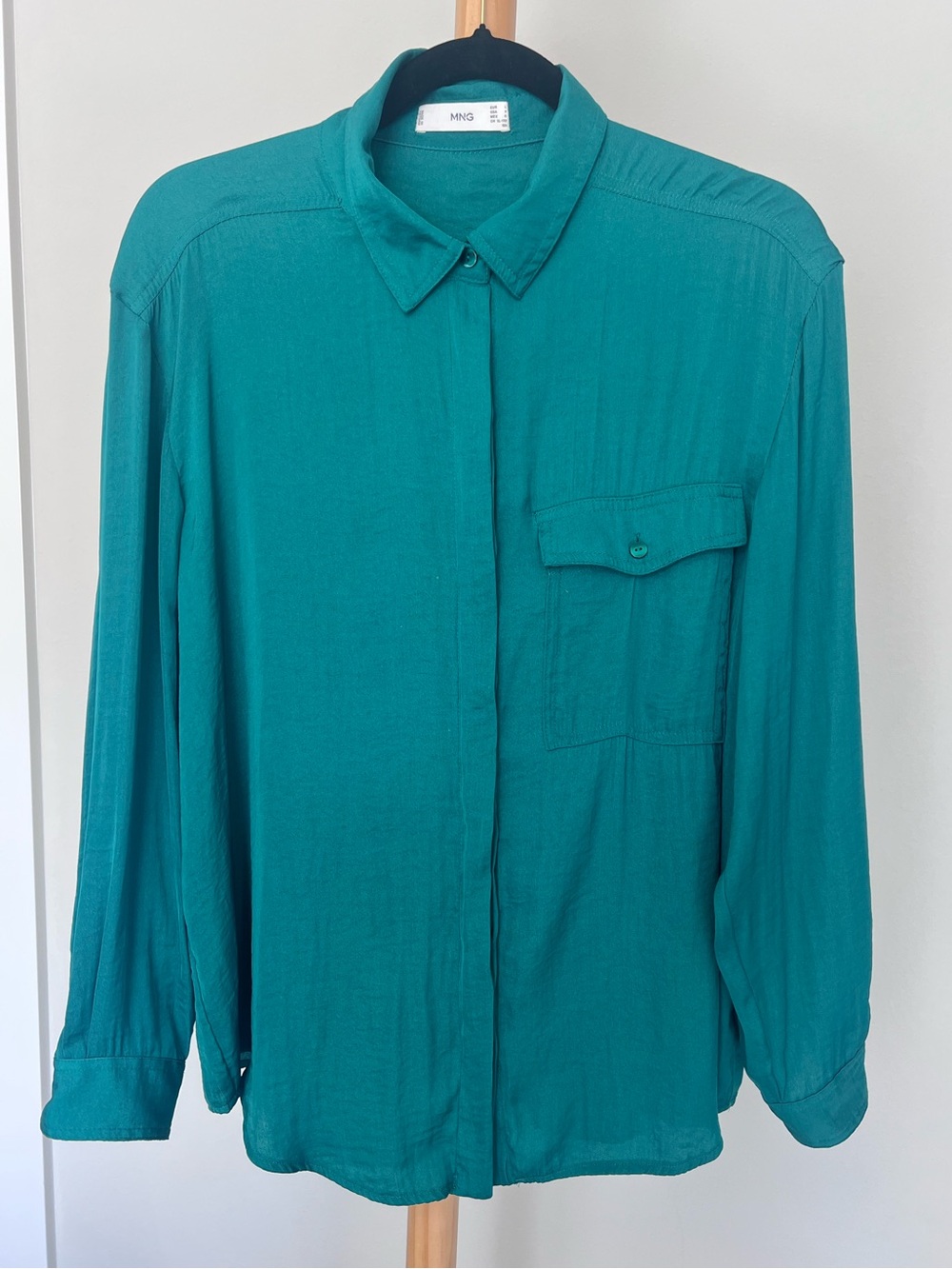 Mango Bright Forest Green Silky Long-Sleeve Button-Down Shirt Size L